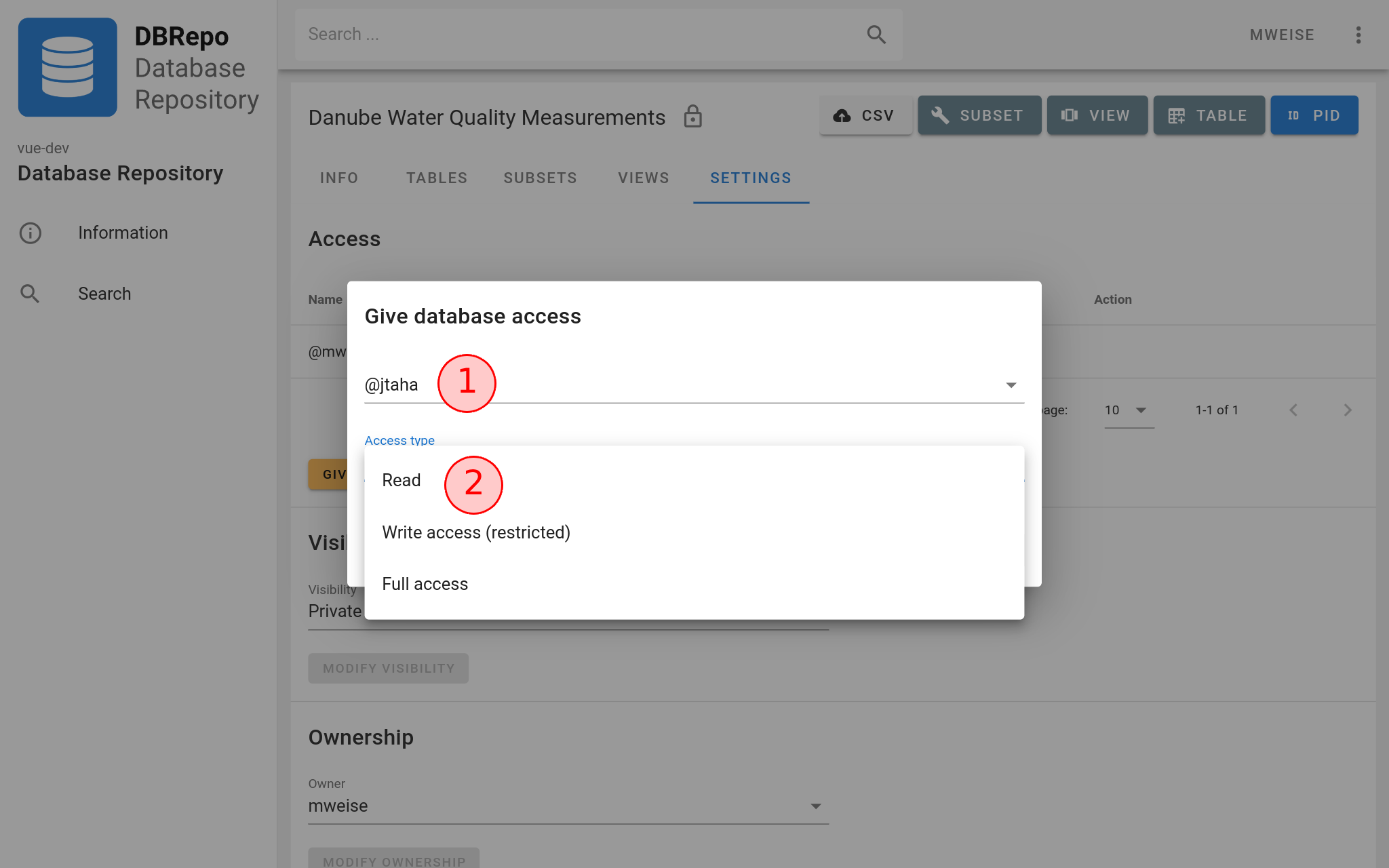 Database acccess dialog